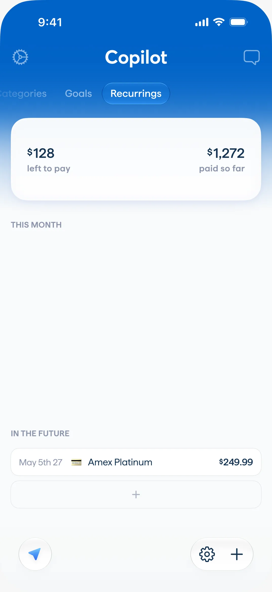 Copilot recurrings: $128 left to pay, $1,272 paid so far, with this month's subscriptions